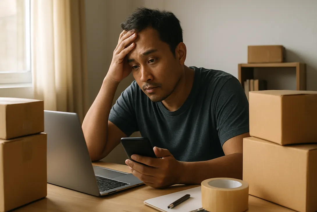 Peniaga kecil Malaysia sedang bekerja dikelilingi kotak parcel di meja rumah.